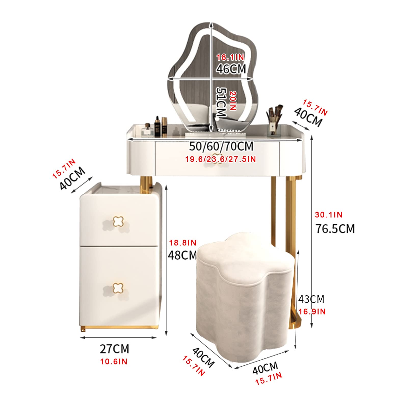 Amazon｜ドドレッサーテーブル 鏡台 化粧台デスク 三色点灯モード 収納